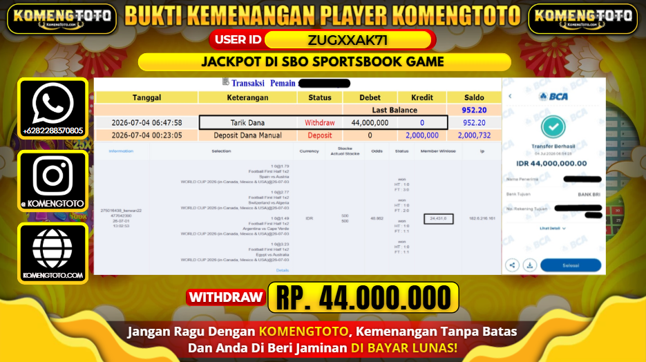 LAGI & LAGI!! KEMENANGAN BESAR DI  SBO SPORTSBOOK GAME  SEBESAR Rp.44.000.000 KOMENGTOTO BAYAR LUNAS SECEPAT KILAT !! KOMENGTOTO BAYAR SECEPAT KILAT !!