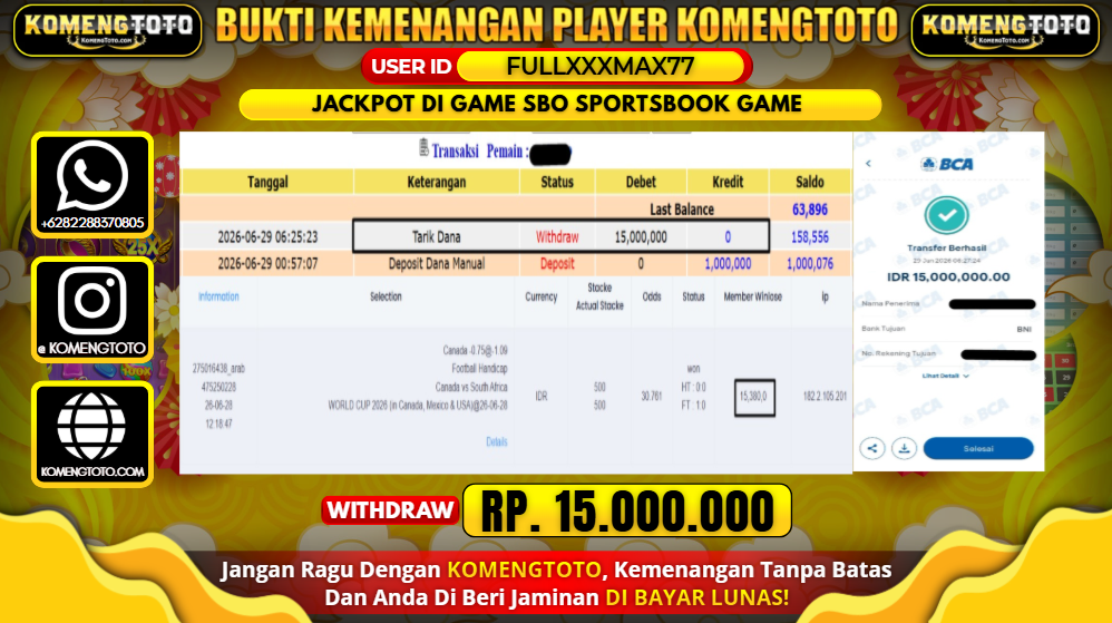 LAGI & LAGI!! KEMENANGAN BESAR DI SBO SPORTSBOOK GAME  SEBESAR Rp.15.000.000 KOMENGTOTO BAYAR LUNAS SECEPAT KILAT !! KOMENGTOTO BAYAR SECEPAT KILAT !!