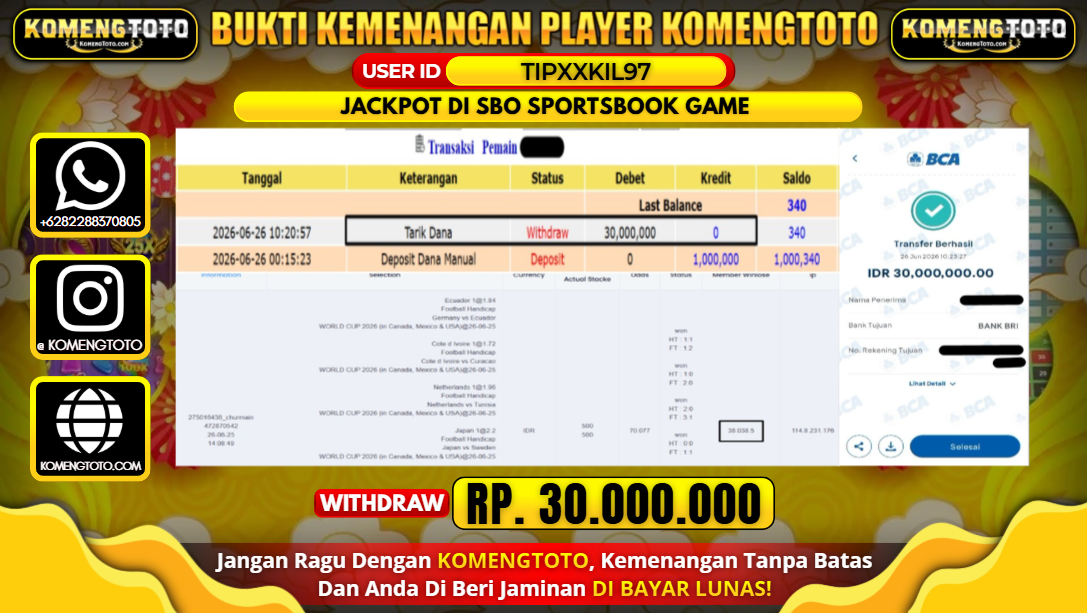 LAGI & LAGI!! KEMENANGAN BESAR DI SBO SPORTSBOOK GAME SEBESAR Rp.30.000.000 KOMENGTOTO BAYAR LUNAS SECEPAT KILAT !! KOMENGTOTO BAYAR SECEPAT KILAT !!