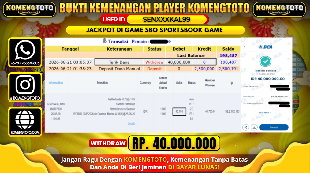 LAGI & LAGI!! KEMENANGAN BESAR DI SBO SPORTSBOOK GAME  SEBESAR Rp.40.000.000 KOMENGTOTO BAYAR LUNAS SECEPAT KILAT !! KOMENGTOTO BAYAR SECEPAT KILAT !!