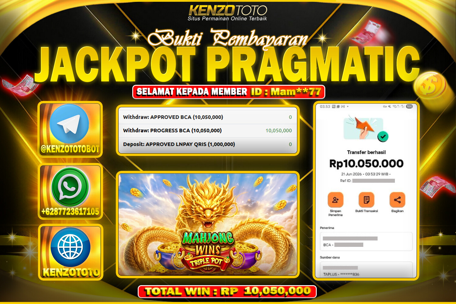 KENZOTOTO JACKPOT Mahjong Wins Triple Pot Rp.10,050,000 LUNAS