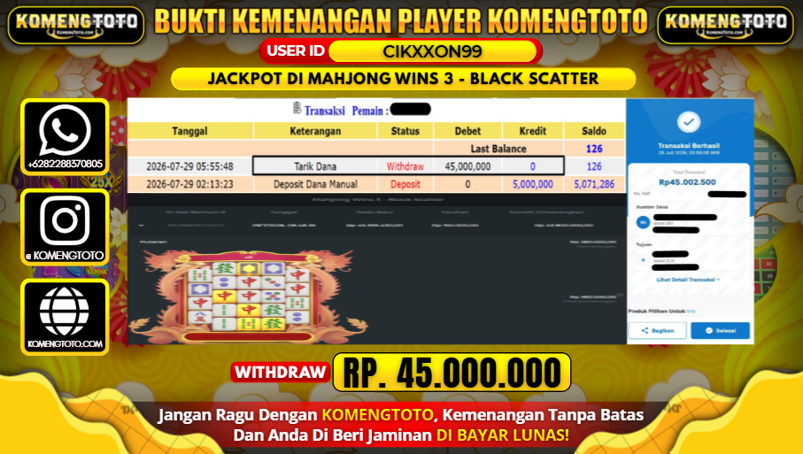 LAGI & LAGI!! KEMENANGAN BESAR DI SLOT MAHJONG WINS 3 - BLACK SCATTER SEBESAR Rp.45.000.000 KOMENGTOTO BAYAR LUNAS SECEPAT KILAT !! KOMENGTOTO BAYAR SECEPAT KILAT !!