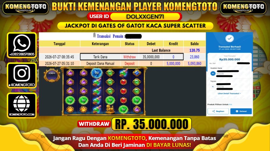LAGI & LAGI!! KEMENANGAN BESAR DI SLOT GATES OF GATOT KACA SUPER SCATTER SEBESAR Rp.35.000.000 KOMENGTOTO BAYAR LUNAS SECEPAT KILAT !! KOMENGTOTO BAYAR SECEPAT KILAT !!