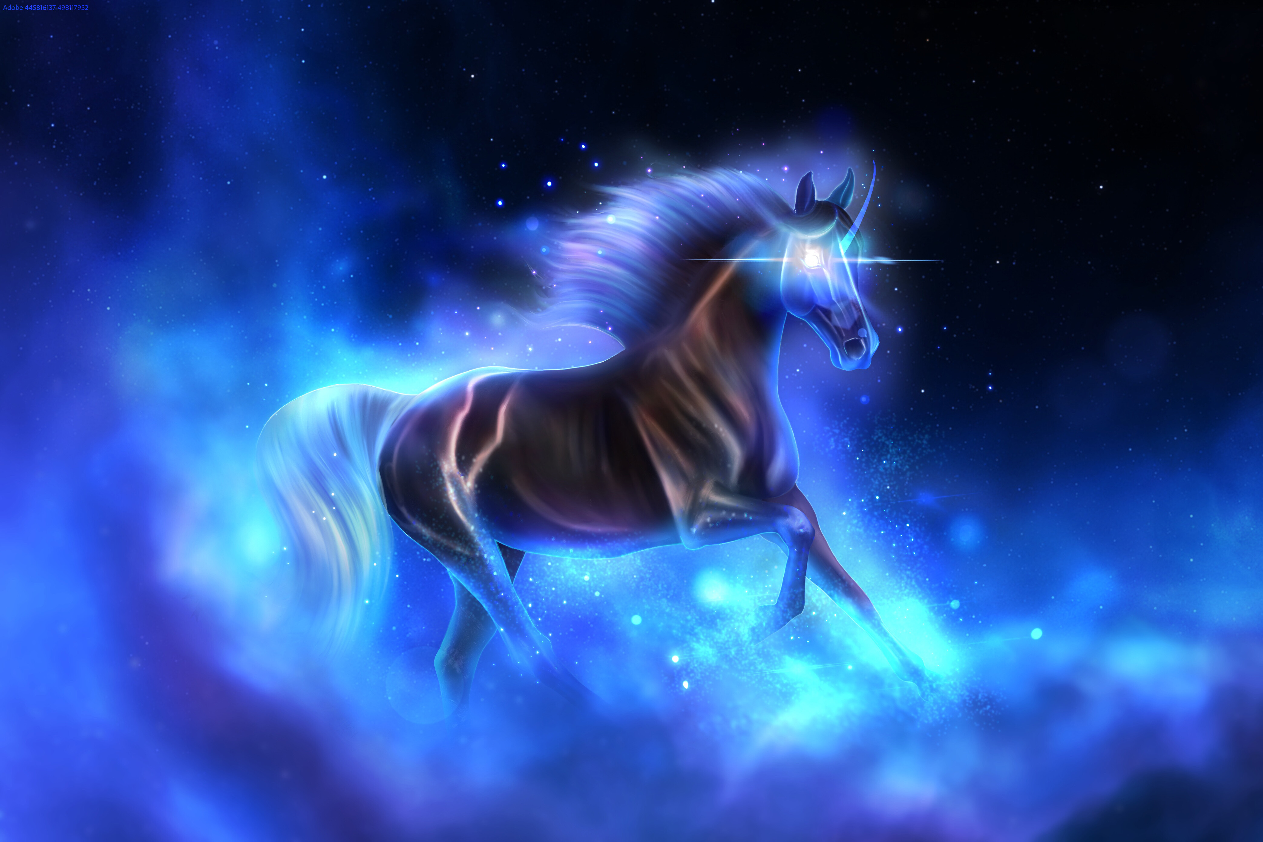 A bay horse gallops through the cosmos, swirling blue and white dust around them.