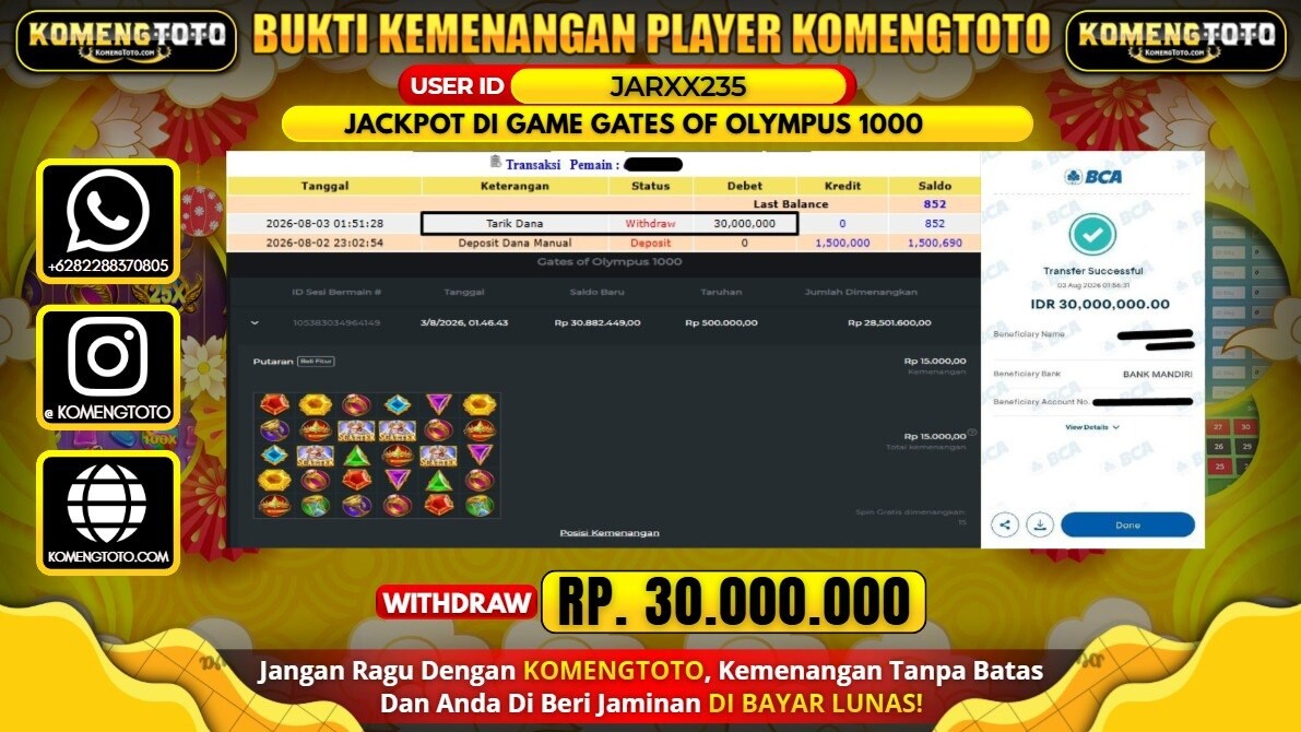 LAGI & LAGI!! KEMENANGAN BESAR DI SLOT GAME GATES OF OLYMPUS 1000 SEBESAR Rp.30.000.000 KOMENGTOTO BAYAR LUNAS SECEPAT KILAT !! KOMENGTOTO BAYAR SECEPAT KILAT !!