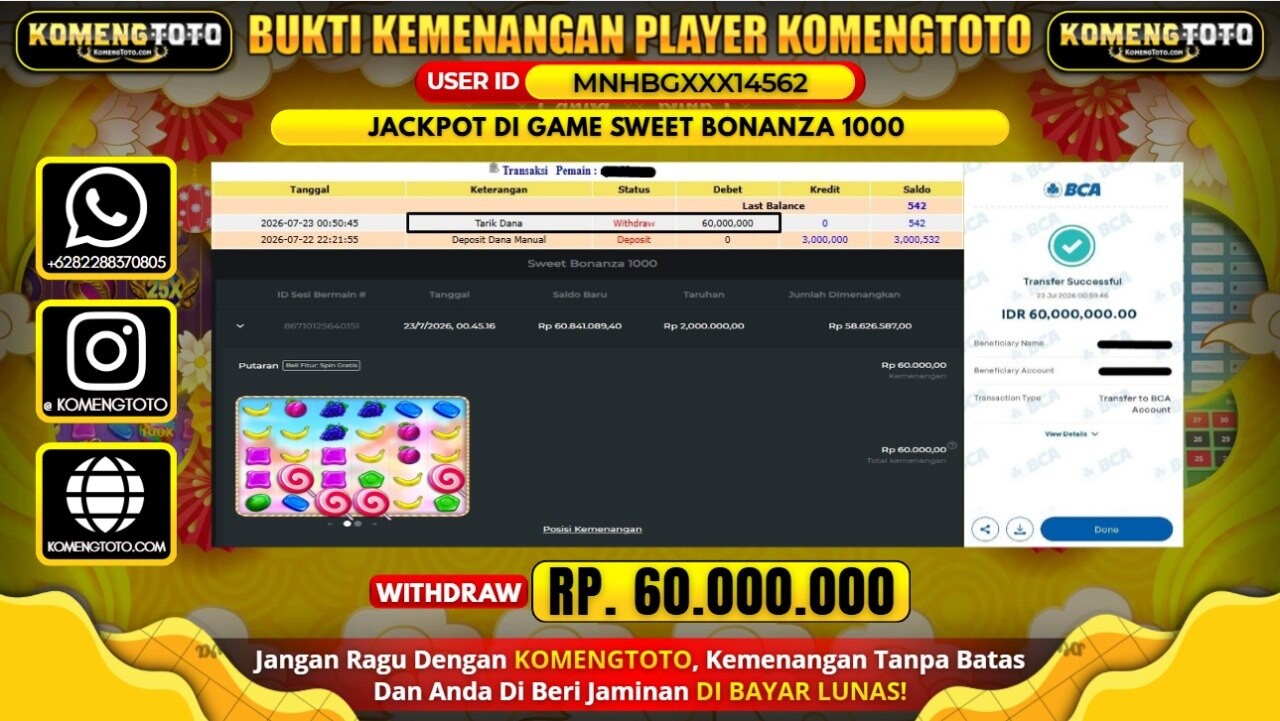 LAGI & LAGI!! KEMENANGAN BESAR DI SLOT SWEET BONANZA 1000  SEBESAR Rp.60.000.000 KOMENGTOTO BAYAR LUNAS SECEPAT KILAT !! KOMENGTOTO BAYAR SECEPAT KILAT !!