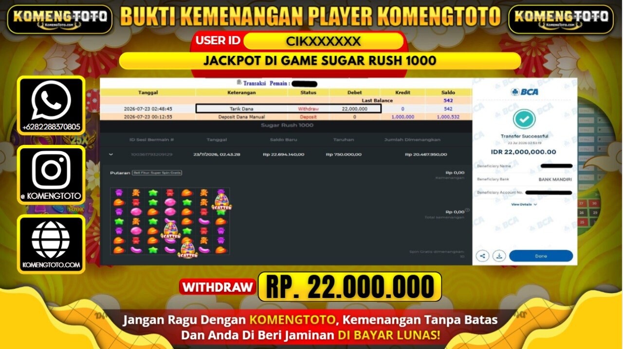LAGI & LAGI!! KEMENANGAN BESAR DI SLOT GAME SUGAR RUSH 1000  SEBESAR Rp.22.000.000 KOMENGTOTO BAYAR LUNAS SECEPAT KILAT !! KOMENGTOTO BAYAR SECEPAT KILAT !!