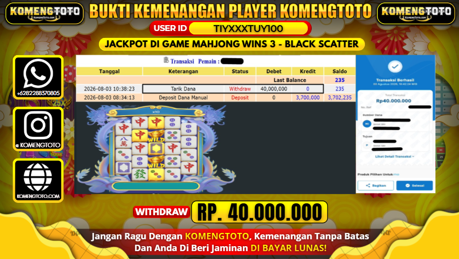 LAGI & LAGI!! KEMENANGAN BESAR DI SLOT MAHJONG WINS 3 - BLACK SCATTER SEBESAR Rp.40.000.000 KOMENGTOTO BAYAR LUNAS SECEPAT KILAT !! KOMENGTOTO BAYAR SECEPAT KILAT !!
