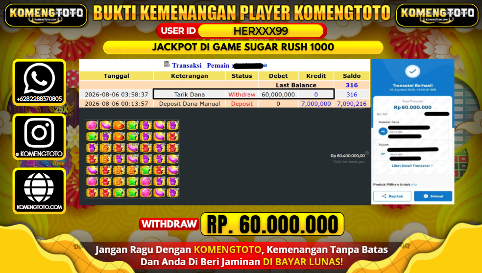 LAGI & LAGI!! KEMENANGAN BESAR DI SLOT  GAME SUGAR RUSH 1000 SEBESAR Rp.60.000.000 KOMENGTOTO BAYAR LUNAS SECEPAT KILAT !! KOMENGTOTO BAYAR SECEPAT KILAT !!