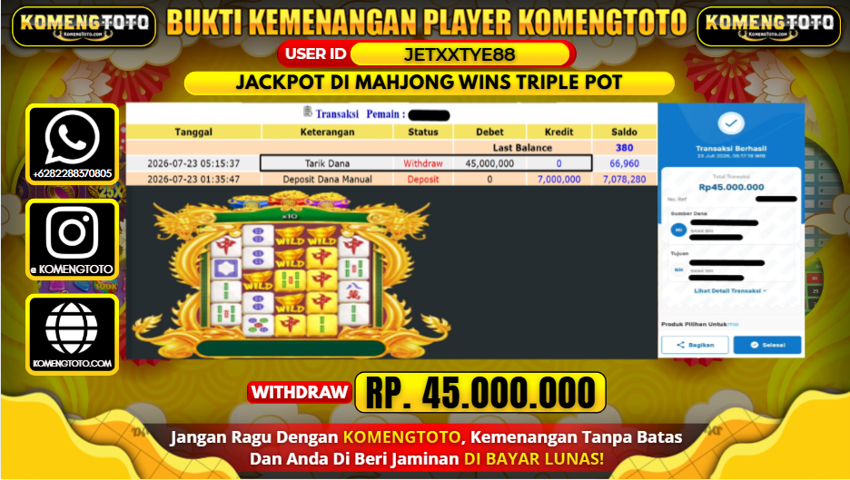 LAGI & LAGI!! KEMENANGAN BESAR DI SLOT MAHJONG WINS TRIPLE POT SEBESAR Rp.45.000.000 KOMENGTOTO BAYAR LUNAS SECEPAT KILAT !! KOMENGTOTO BAYAR SECEPAT KILAT !!