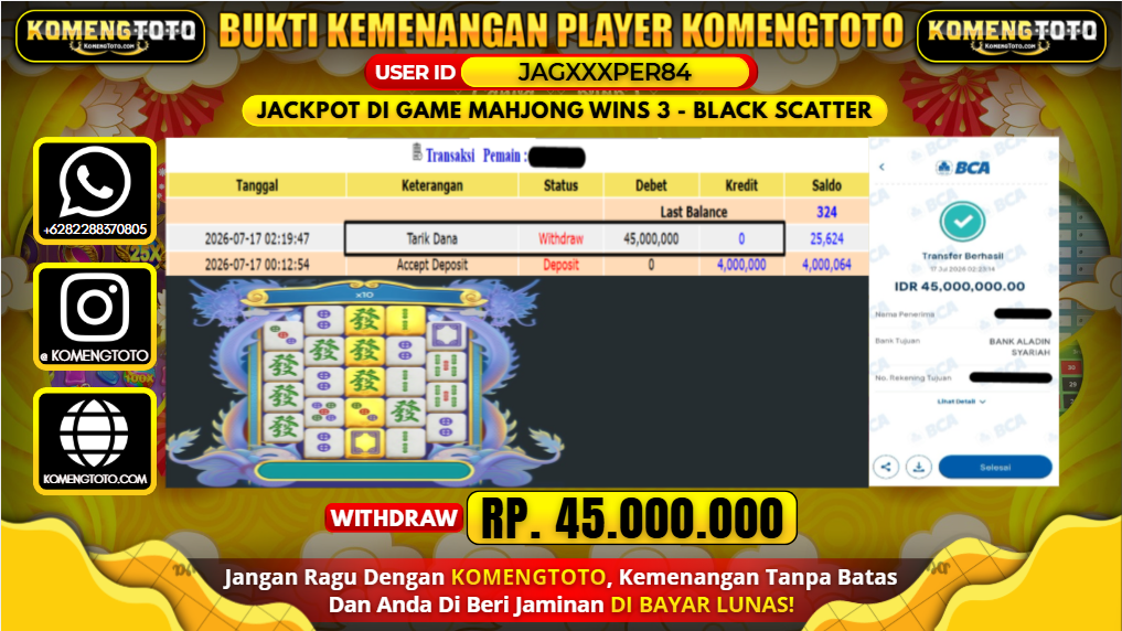 LAGI & LAGI!! KEMENANGAN BESAR DI SLOT MAHJONG WINS 3 - BLACK SCATTER SEBESAR Rp.45.000.000 KOMENGTOTO BAYAR LUNAS SECEPAT KILAT !! KOMENGTOTO BAYAR SECEPAT KILAT !!