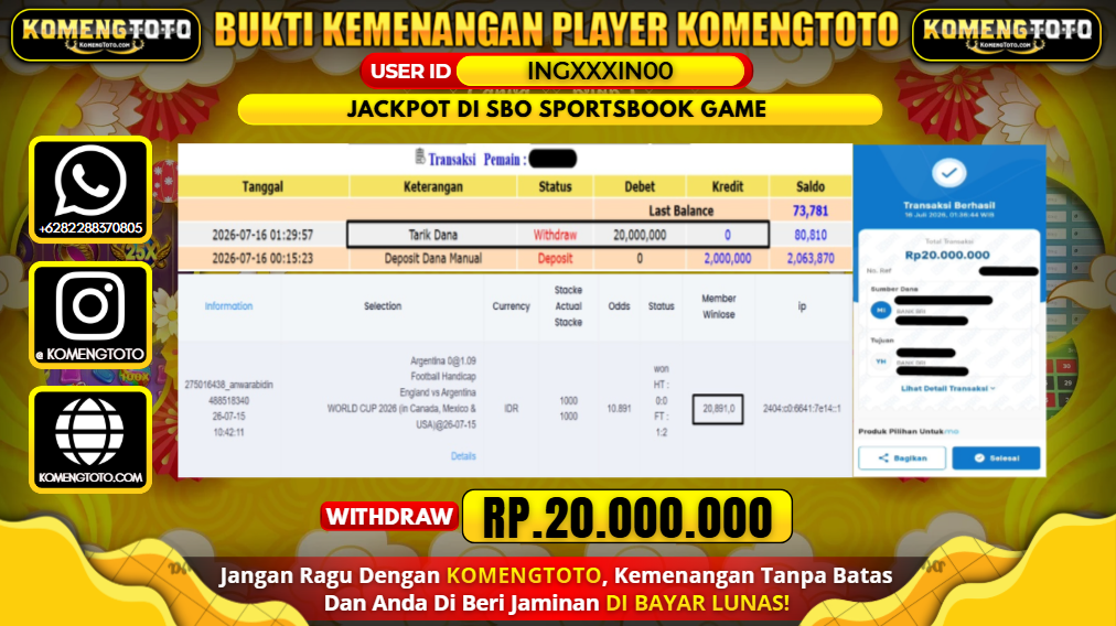 LAGI & LAGI!! KEMENANGAN BESAR DI SBO SPORTSBOOK GAME  SEBESAR Rp.20.000.000 KOMENGTOTO BAYAR LUNAS SECEPAT KILAT !! KOMENGTOTO BAYAR SECEPAT KILAT !!