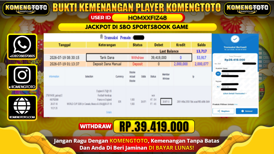 LAGI & LAGI!! KEMENANGAN BESAR DI SBO SPORTSBOOK GAME  SEBESAR Rp.39.419.000 KOMENGTOTO BAYAR LUNAS SECEPAT KILAT !! KOMENGTOTO BAYAR SECEPAT KILAT !!