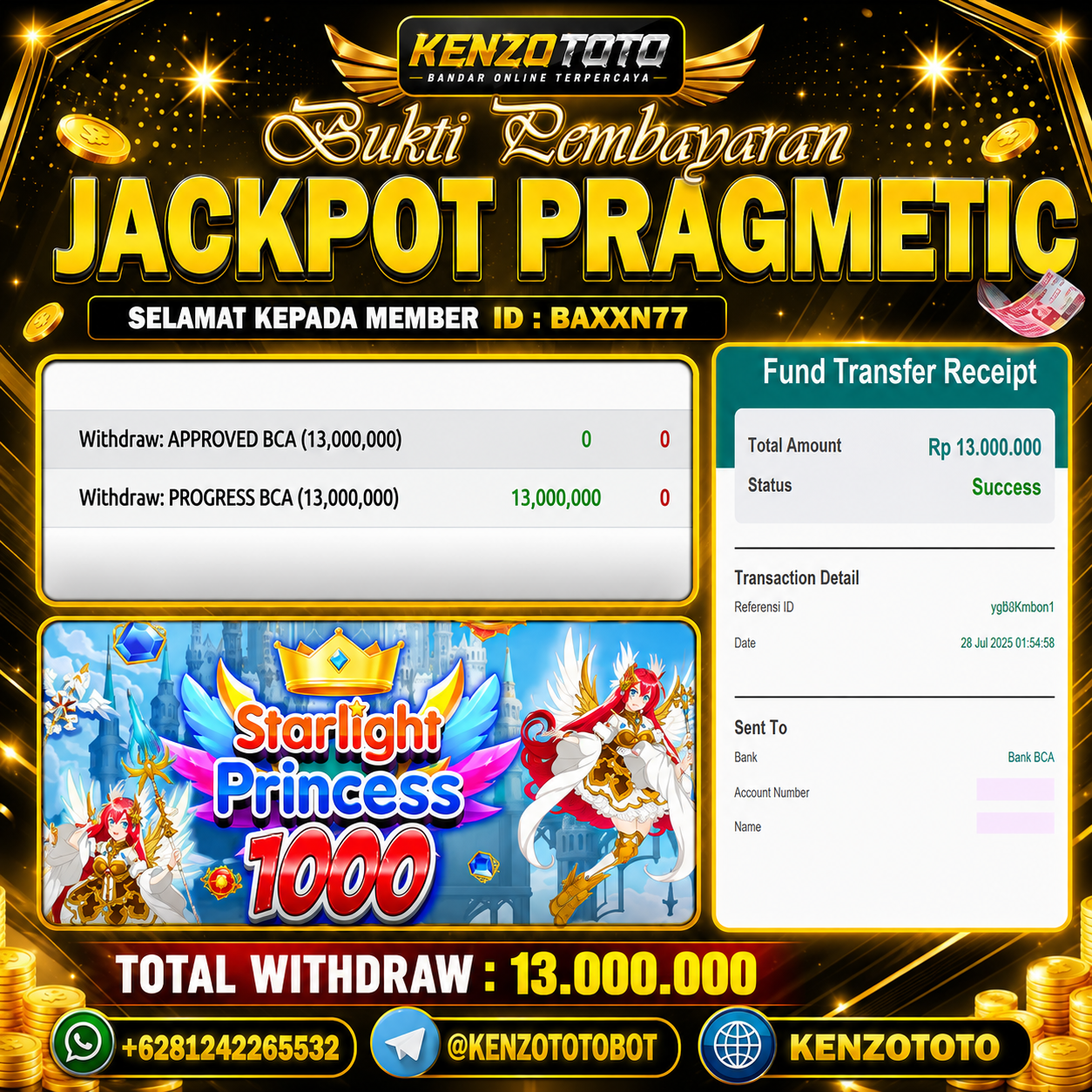 KENZOTOTO JACKPOT STARLIGHT PRINCES 1000 Rp.13.000.000 LUNAS