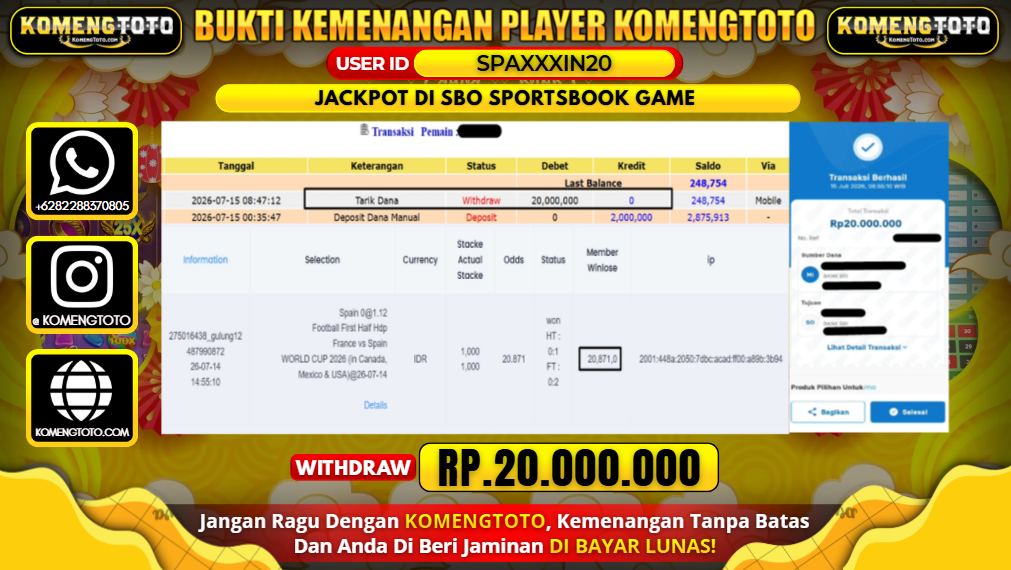 LAGI & LAGI!! KEMENANGAN BESAR DI SBO SPORTSBOOK GAME  SEBESAR Rp.20.000.000 KOMENGTOTO BAYAR LUNAS SECEPAT KILAT !! KOMENGTOTO BAYAR SECEPAT KILAT !!
