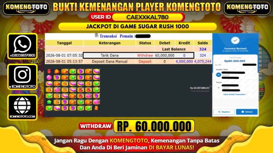 LAGI & LAGI!! KEMENANGAN BESAR DI SLOT GAME SUGAR RUSH 1000 SEBESAR Rp.60,000.000 KOMENGTOTO BAYAR LUNAS SECEPAT KILAT !! KOMENGTOTO BAYAR SECEPAT KILAT !!