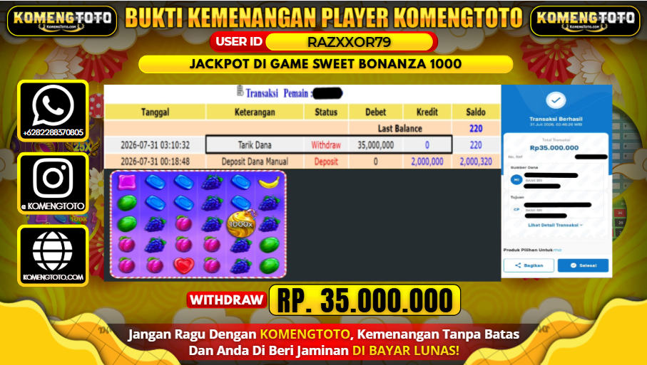 LAGI & LAGI!! KEMENANGAN BESAR DI SLOT GAME SWEET BONANZA 1000 SEBESAR Rp.35.000.000 KOMENGTOTO BAYAR LUNAS SECEPAT KILAT !! KOMENGTOTO BAYAR SECEPAT KILAT !!