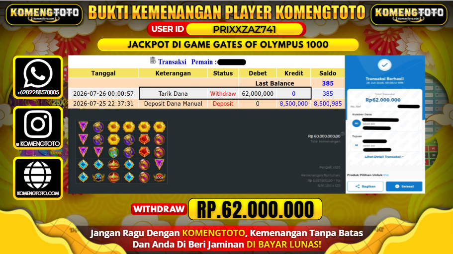 LAGI & LAGI!! KEMENANGAN BESAR DI SLOT GAME GATES OF OLYMPUS 1000 SEBESAR Rp.62.000.000 KOMENGTOTO BAYAR LUNAS SECEPAT KILAT !! KOMENGTOTO BAYAR SECEPAT KILAT !!