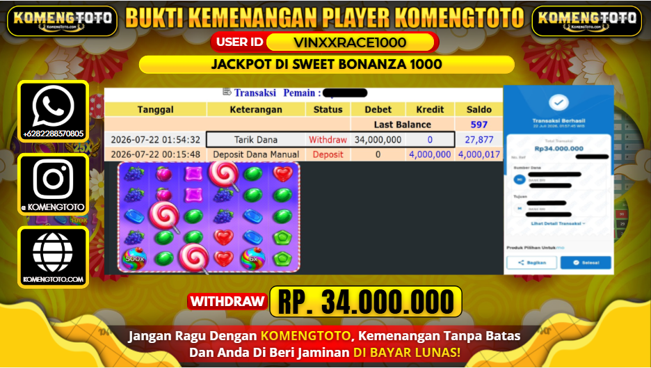 LAGI & LAGI!! KEMENANGAN BESAR DI SLOT SWEET BONANZA 1000  SEBESAR Rp.34.000.000 KOMENGTOTO BAYAR LUNAS SECEPAT KILAT !! KOMENGTOTO BAYAR SECEPAT KILAT !!