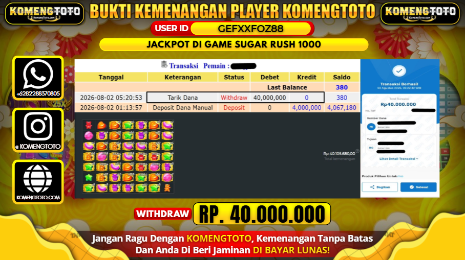 LAGI & LAGI!! KEMENANGAN BESAR DI SLOT SUGAR RUSH 1000  SEBESAR Rp.40.000.000 KOMENGTOTO BAYAR LUNAS SECEPAT KILAT !! KOMENGTOTO BAYAR SECEPAT KILAT !!