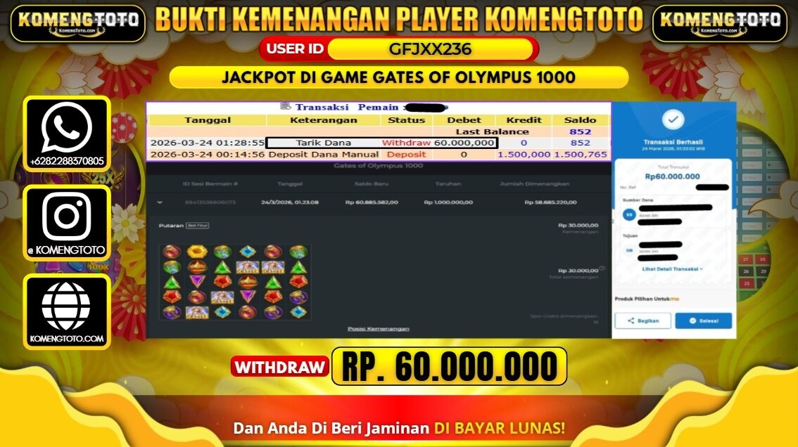 LAGI & LAGI!! KEMENANGAN BESAR DI SLOT GATES OF OLYMPUS 1000 SEBESAR Rp.60.000.000 KOMENGTOTO BAYAR LUNAS SECEPAT KILAT !! KOMENGTOTO BAYAR SECEPAT KILAT !!