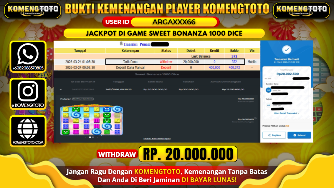 LAGI & LAGI!! KEMENANGAN BESAR DI SLOT SWEET BONANZA 1000 DICE SEBESAR Rp.20.000.000 KOMENGTOTO BAYAR LUNAS SECEPAT KILAT !! KOMENGTOTO BAYAR SECEPAT KILAT !!