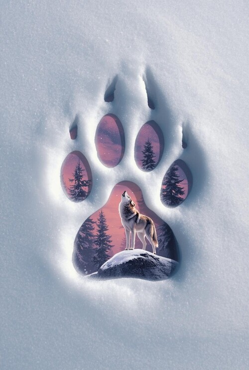 a wolf paw print in the snow. on the inside of the main pad there is a howling wolf. and the backgro