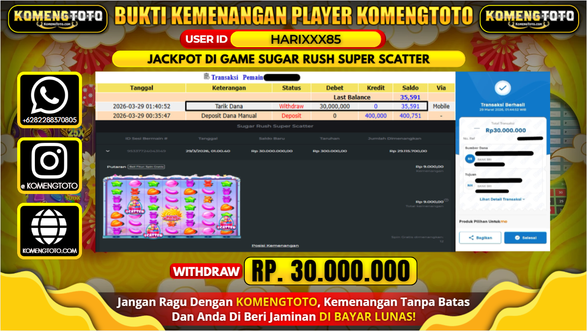 LAGI & LAGI!! KEMENANGAN BESAR DI SLOT SUGAR RUSH SUPER SCATTER SEBESAR Rp.30.000.000 KOMENGTOTO BAYAR LUNAS SECEPAT KILAT !! KOMENGTOTO BAYAR SECEPAT KILAT !!