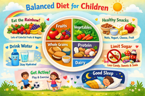 A balanced diet for children is vital for proper growth, development, and overall well-being. It provides the right combination of carbohydrates, proteins, fats, vitamins, and minerals needed for energy and body functions. Whole grains supply lasting energy, while fruits and vegetables offer essential vitamins and fiber. Protein from sources like milk, eggs, beans, fish, and lean meat supports muscle growth and tissue repair. Healthy fats help in brain development and nutrient absorption. Adequate water intake keeps children hydrated and active. Limiting sugary drinks and junk food encourages better health. A colorful, varied diet builds strong immunity and lifelong healthy eating habits. https://dietitiananuradha.com/