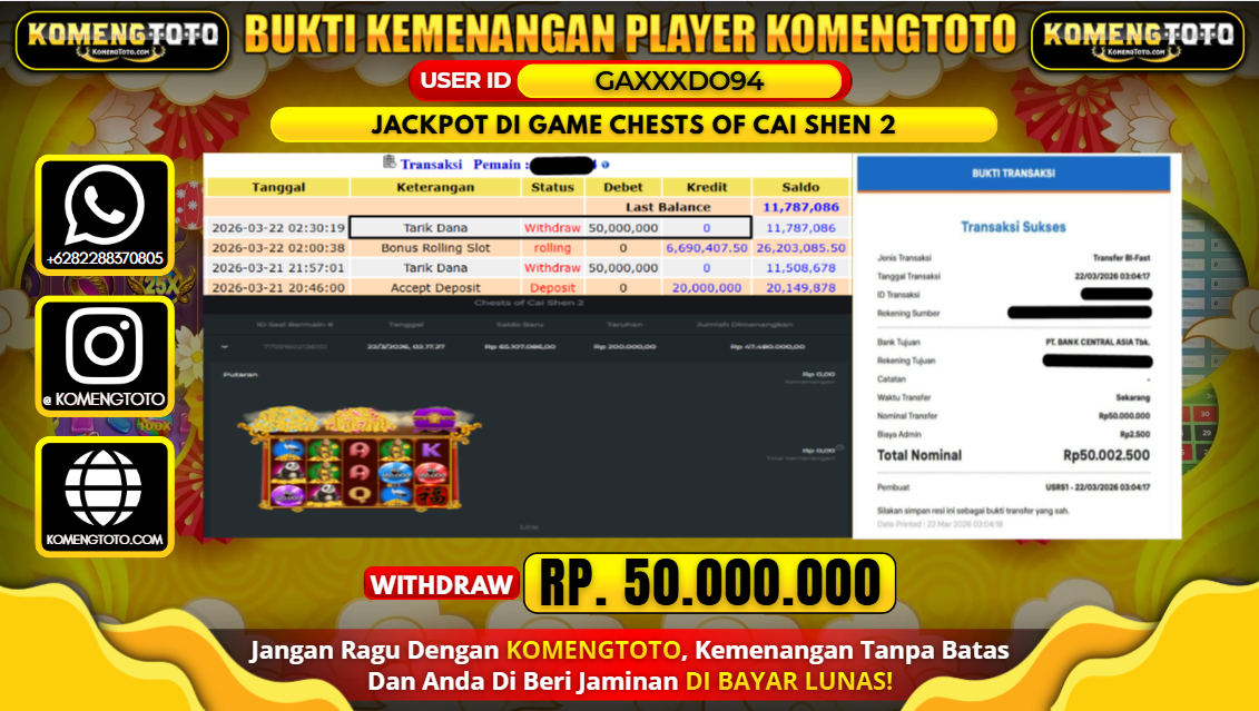 LAGI & LAGI!! KEMENANGAN BESAR DI SLOT GAME CHESTS OF CAI SHEN 2 SEBESAR Rp.50.000.000 KOMENGTOTO BAYAR LUNAS SECEPAT KILAT !! KOMENGTOTO BAYAR SECEPAT KILAT !!
