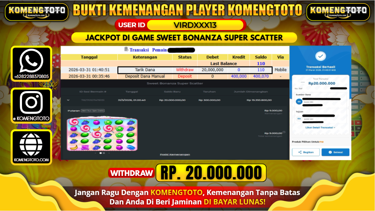 LAGI & LAGI!! KEMENANGAN BESAR DI SLOT  SWEET BONANZA SUPER SCATTER SEBESAR Rp.20.000.000 KOMENGTOTO BAYAR LUNAS SECEPAT KILAT !! KOMENGTOTO BAYAR SECEPAT KILAT !!