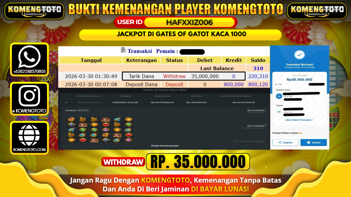 LAGI & LAGI!! KEMENANGAN BESAR DI SLOT GATES OF GATOT KACA 1000 SEBESAR Rp.35.000.000 KOMENGTOTO BAYAR LUNAS SECEPAT KILAT !! KOMENGTOTO BAYAR SECEPAT KILAT !!