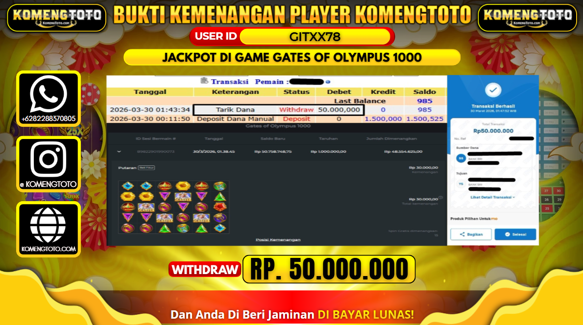 LAGI & LAGI!! KEMENANGAN BESAR DI SLOT GATES OF OLYMPUS 1000 SEBESAR Rp.50.000.000 KOMENGTOTO BAYAR LUNAS SECEPAT KILAT !! KOMENGTOTO BAYAR SECEPAT KILAT !!