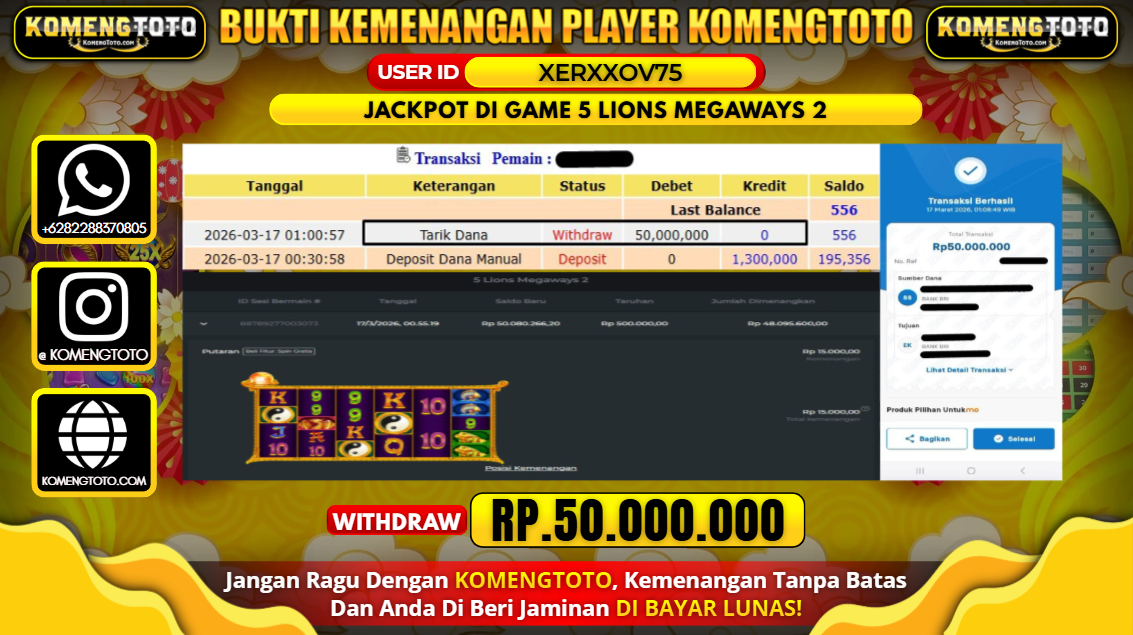 LAGI & LAGI!! KEMENANGAN BESAR DI SLOT GAME 5 LIONS MEGAWAYS 2 SEBESAR Rp.50.000.000 KOMENGTOTO BAYAR LUNAS SECEPAT KILAT !! KOMENGTOTO BAYAR SECEPAT KILAT !!