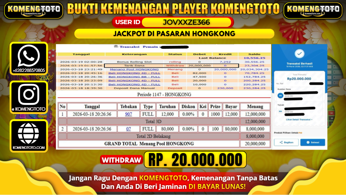 LAGI & LAGI!! KEMENANGAN BESAR DI PASARAN HONGKONG SEBESAR Rp.20.000.000 KOMENGTOTO BAYAR LUNAS SECEPAT KILAT !! KOMENGTOTO BAYAR SECEPAT KILAT !!