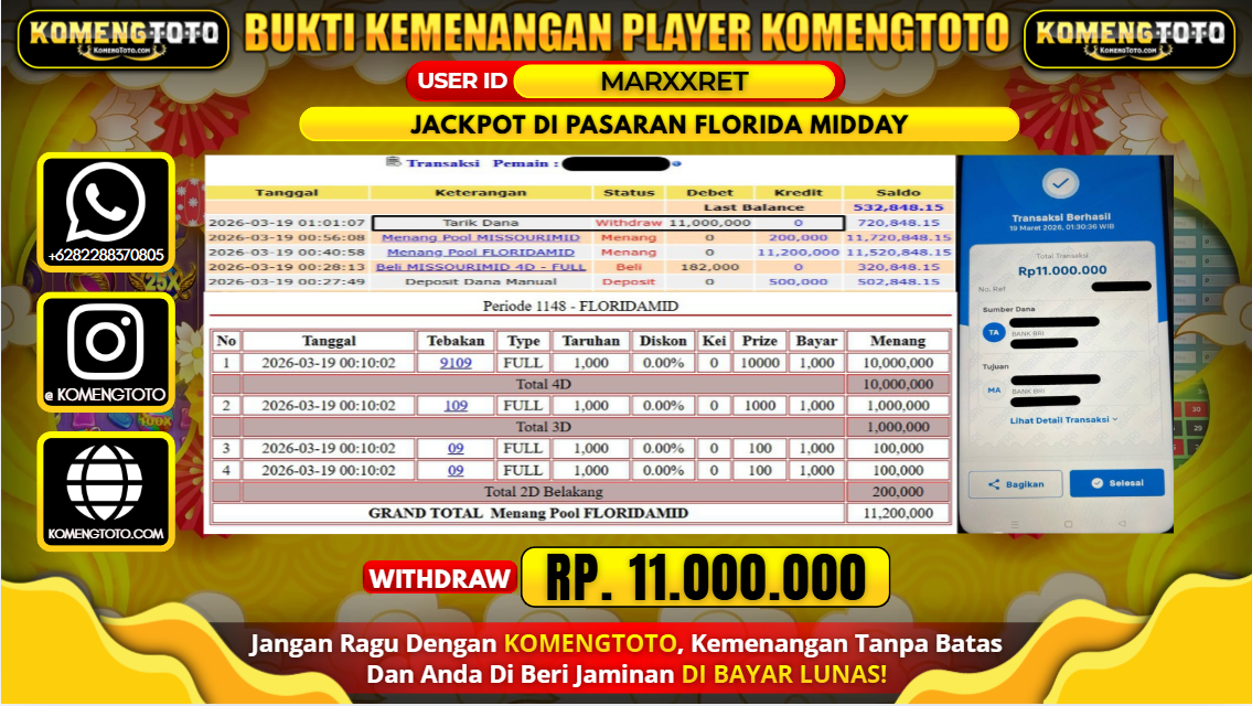 LAGI & LAGI!! KEMENANGAN BESAR DI FLORIDA MIDDAY  SEBESAR Rp.11.000.000 KOMENGTOTO BAYAR LUNAS SECEPAT KILAT !! KOMENGTOTO BAYAR SECEPAT KILAT !!