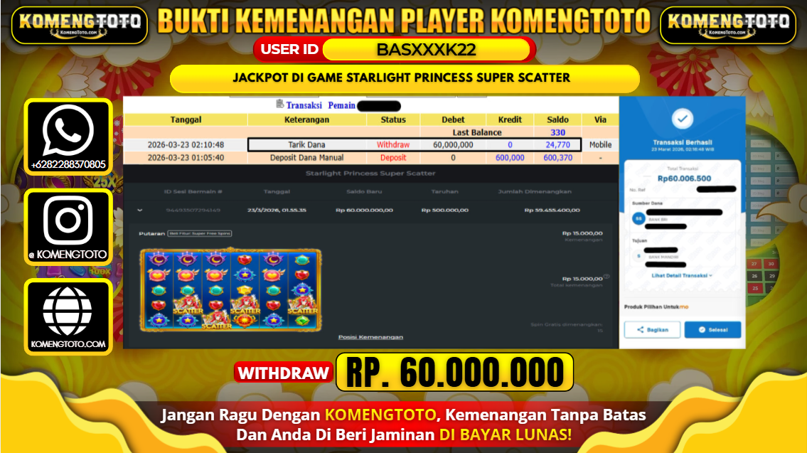 LAGI & LAGI!! KEMENANGAN BESAR DI SLOT STARLIGHT PRINCESS SUPER SCATTER SEBESAR Rp.60.000.000 KOMENGTOTO BAYAR LUNAS SECEPAT KILAT !! KOMENGTOTO BAYAR SECEPAT KILAT !!