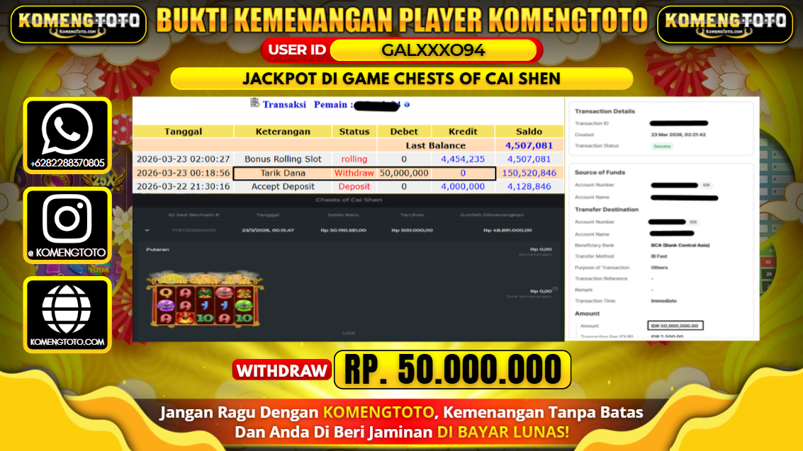 LAGI & LAGI!! KEMENANGAN BESAR DI SLOT CHESTS OF CAI SHEN SEBESAR Rp.50.000.000 KOMENGTOTO BAYAR LUNAS SECEPAT KILAT !! KOMENGTOTO BAYAR SECEPAT KILAT !!