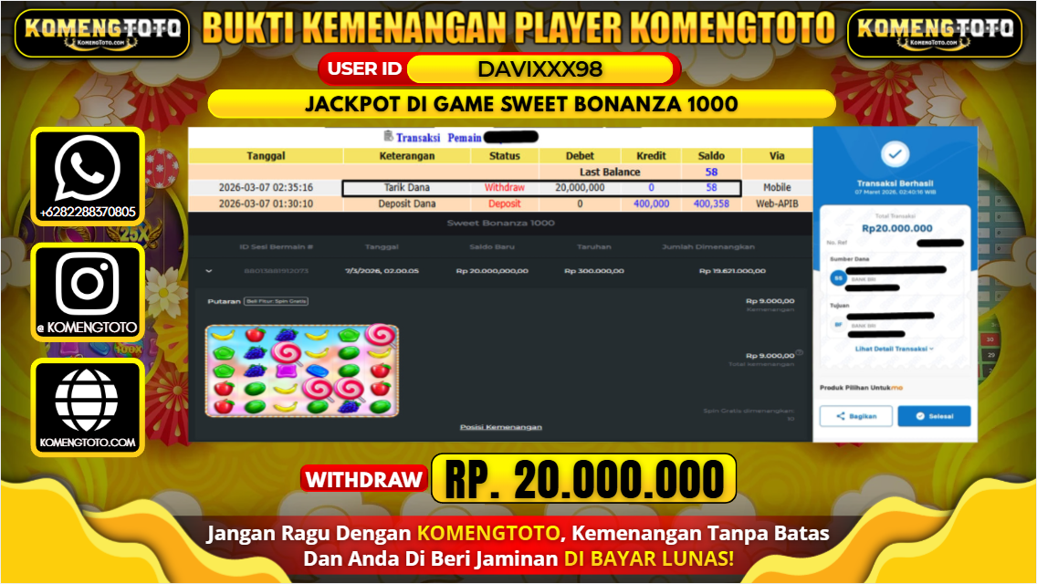 LAGI & LAGI!! KEMENANGAN BESAR DI SLOT SWEET BONANZA 1000 SEBESAR Rp.20.000.000 KOMENGTOTO BAYAR LUNAS SECEPAT KILAT !! KOMENGTOTO BAYAR SECEPAT KILAT !!