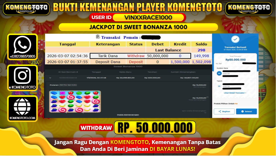LAGI & LAGI!! KEMENANGAN BESAR DI SLOT SWEET BONANZA 1000 SEBESAR Rp.50.000.000 KOMENGTOTO BAYAR LUNAS SECEPAT KILAT !! KOMENGTOTO BAYAR SECEPAT KILAT !!