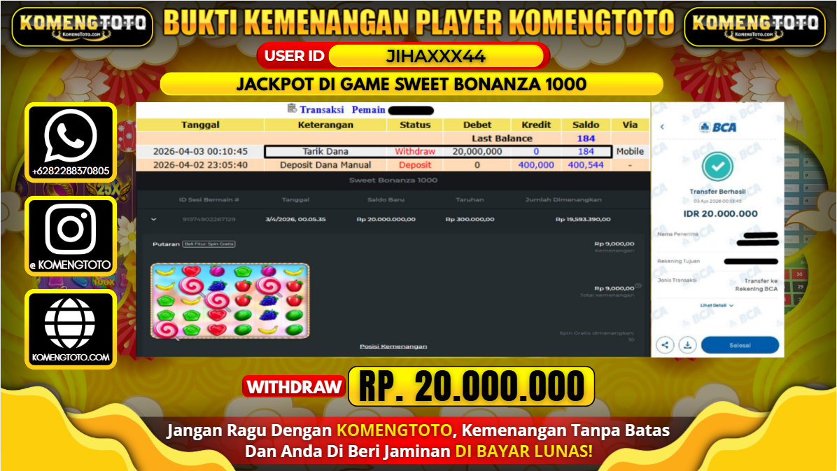 LAGI & LAGI!! KEMENANGAN BESAR DI SLOT  SWEET BONANZA 1000 SEBESAR Rp.20.000.000 KOMENGTOTO BAYAR LUNAS SECEPAT KILAT !! KOMENGTOTO BAYAR SECEPAT KILAT !!
