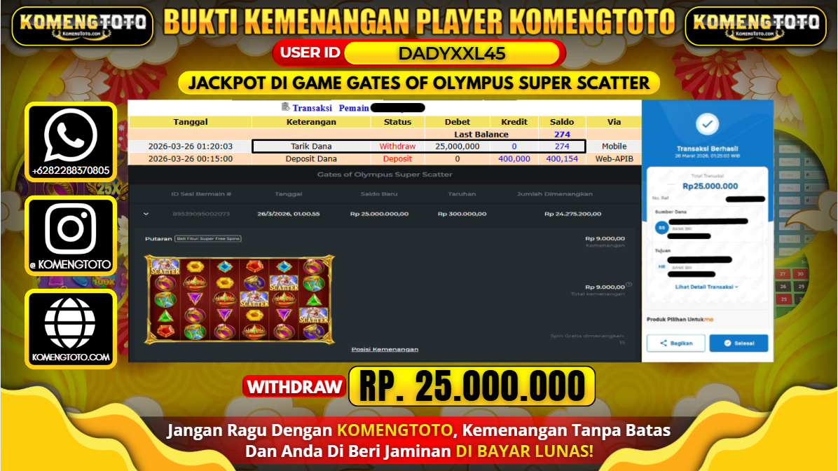 LAGI & LAGI!! KEMENANGAN BESAR DI SLOT GATES OF OLYMPUS SUPER SCATTER SEBESAR Rp.25.000.000 KOMENGTOTO BAYAR LUNAS SECEPAT KILAT !! KOMENGTOTO BAYAR SECEPAT KILAT !!