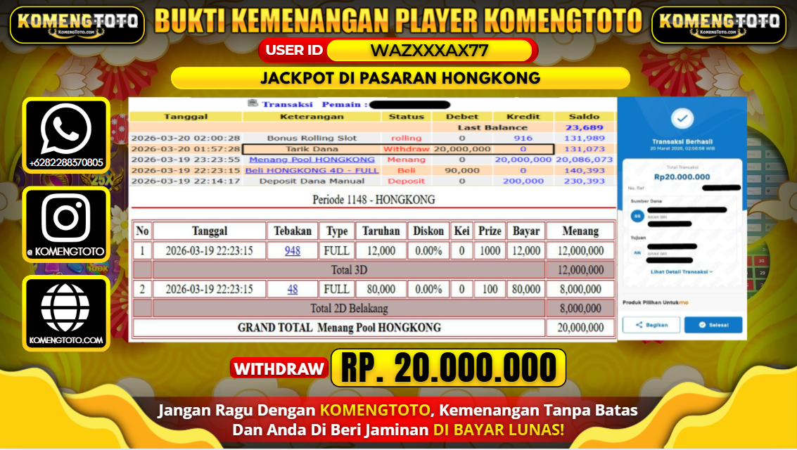 LAGI & LAGI!! KEMENANGAN BESAR DI PASARAN HONGKONG SEBESAR Rp.20.000.000 KOMENGTOTO BAYAR LUNAS SECEPAT KILAT !! KOMENGTOTO BAYAR SECEPAT KILAT !!