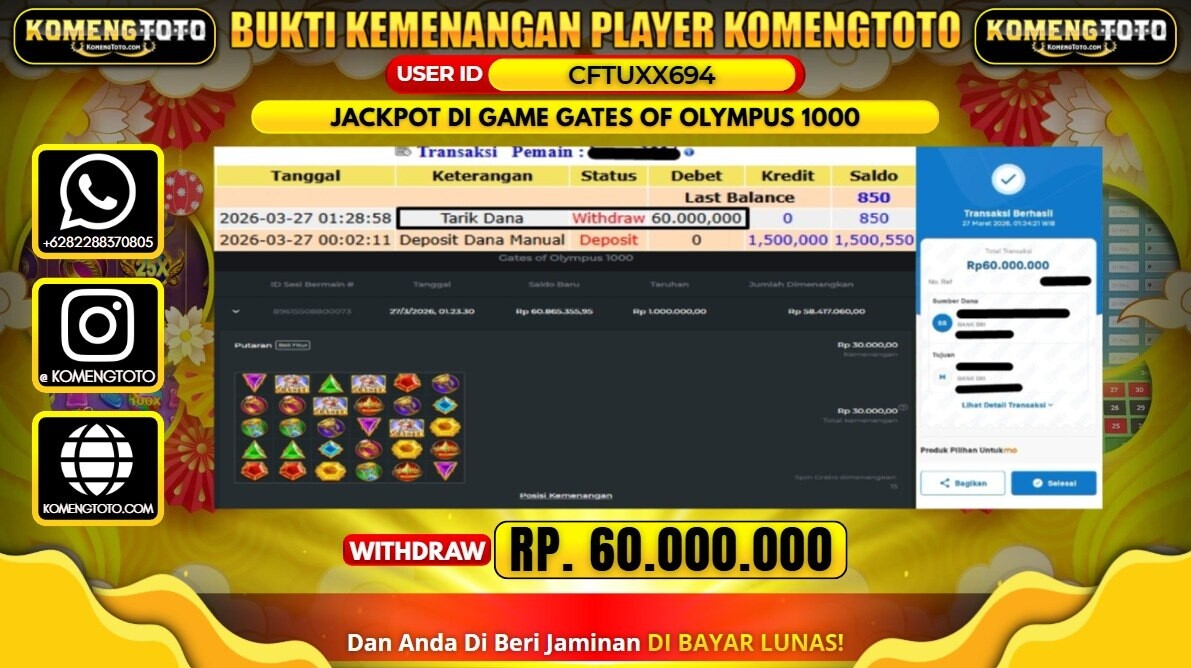 LAGI & LAGI!! KEMENANGAN BESAR DI SLOT GATES OF OLYMPUS 1000 SEBESAR Rp.60.000.000 KOMENGTOTO BAYAR LUNAS SECEPAT KILAT !! KOMENGTOTO BAYAR SECEPAT KILAT !!