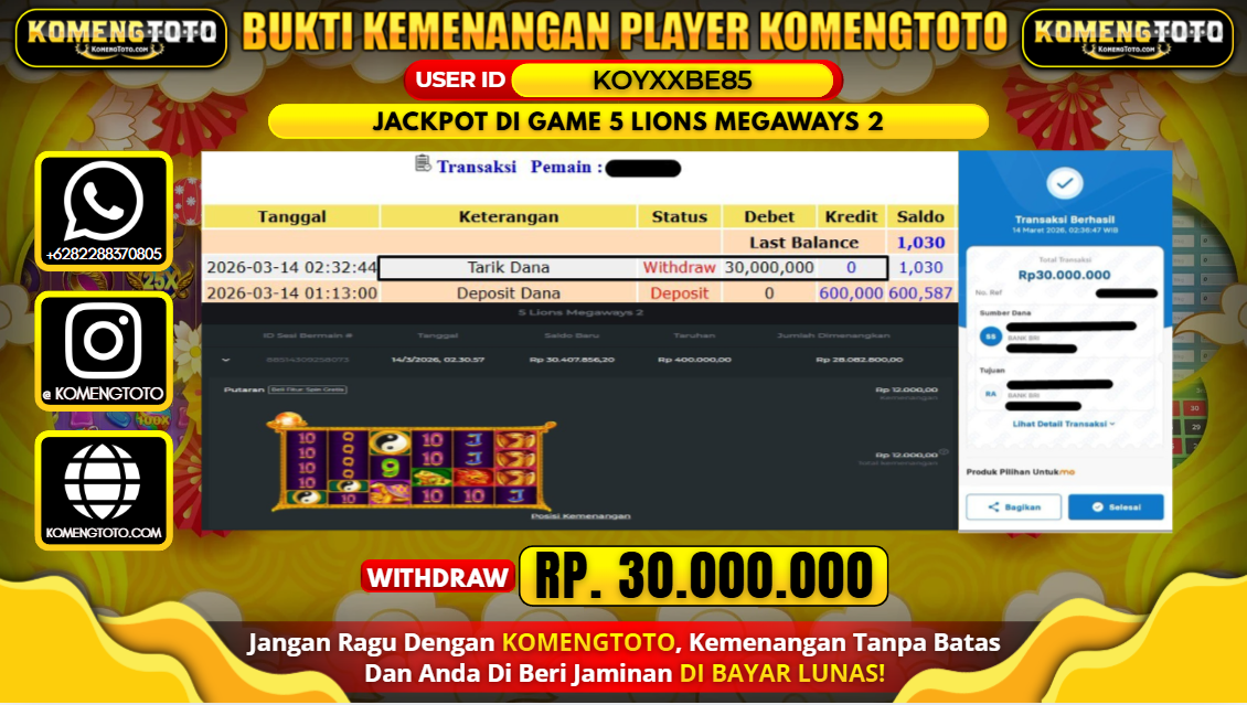 LAGI & LAGI!! KEMENANGAN BESAR DI SLOT 5 LIONS MEGAWAYS 2 SEBESAR Rp.30.000.000 KOMENGTOTO BAYAR LUNAS SECEPAT KILAT !! KOMENGTOTO BAYAR SECEPAT KILAT !!