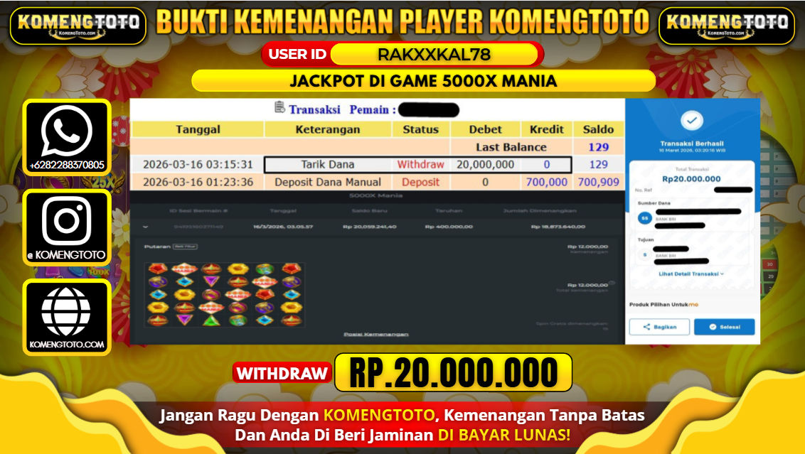 LAGI & LAGI!! KEMENANGAN BESAR DI SLOT 5000X MANIA SEBESAR Rp.20.000.000 KOMENGTOTO BAYAR LUNAS SECEPAT KILAT !! KOMENGTOTO BAYAR SECEPAT KILAT !!