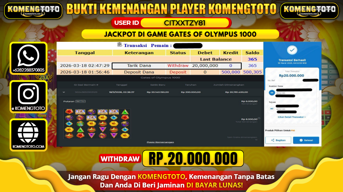 LAGI & LAGI!! KEMENANGAN BESAR DI SLOT GATES OF OLYMPUS 1000 SEBESAR Rp.20.000.000 KOMENGTOTO BAYAR LUNAS SECEPAT KILAT !! KOMENGTOTO BAYAR SECEPAT KILAT !!