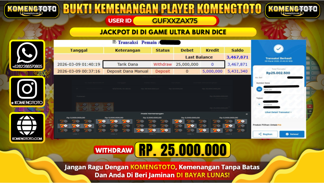 LAGI & LAGI!! KEMENANGAN BESAR DI GAME ULTRA BURN DICE SEBESAR Rp.25.000.000 KOMENGTOTO BAYAR LUNAS SECEPAT KILAT !! KOMENGTOTO BAYAR SECEPAT KILAT !!