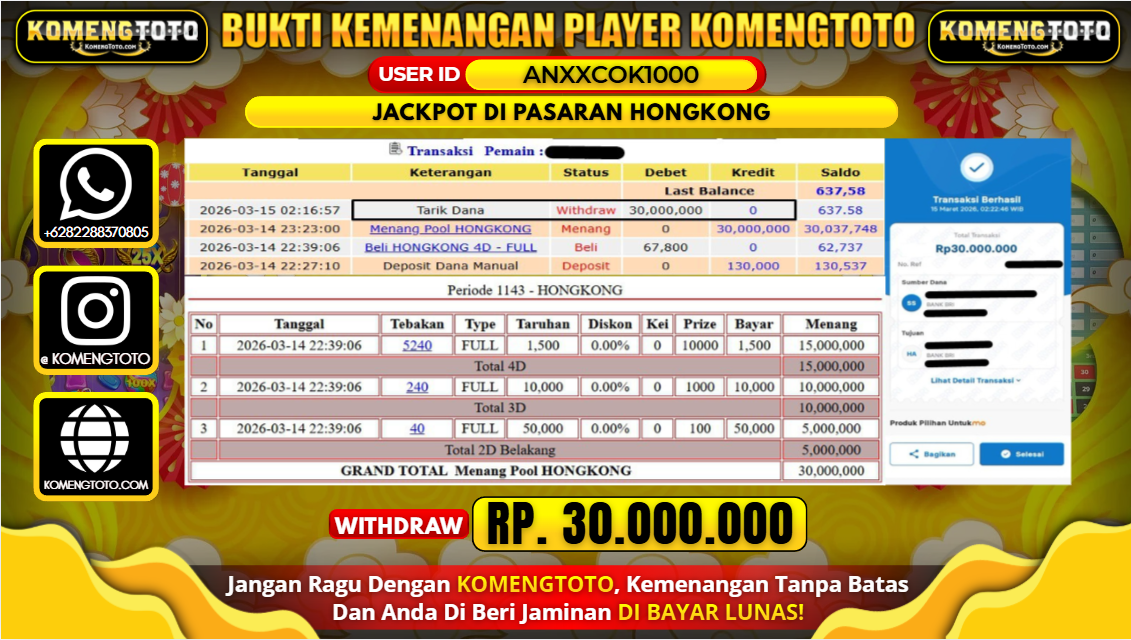 LAGI & LAGI!! KEMENANGAN BESAR DI PASARAN HONGKONG SEBESAR Rp.30.000.000 KOMENGTOTO BAYAR LUNAS SECEPAT KILAT !! KOMENGTOTO BAYAR SECEPAT KILAT !!