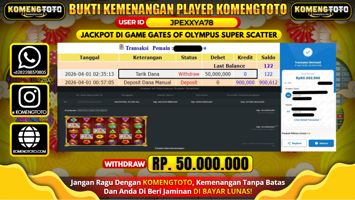 LAGI & LAGI!! KEMENANGAN BESAR DI SLOT GATES OF OLYMPUS SUPER SCATTER SEBESAR Rp.50.000.000 KOMENGTOTO BAYAR LUNAS SECEPAT KILAT !! KOMENGTOTO BAYAR SECEPAT KILAT !!